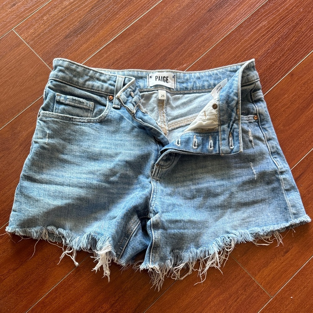 PAIGE Light Blue Frayed Noella Denim Shorts